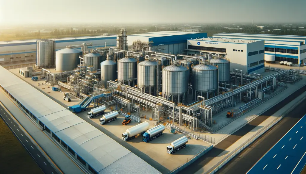 This image has an empty alt attribute; its file name is DALL%C2%B7E-2024-02-22-14.05.12-An-industrial-water-treatment-plant-exterior-during-daytime.-The-scene-includes-large-metal-water-storage-tanks-a-network-of-pipes-connecting-the-ta-1024x585.webp